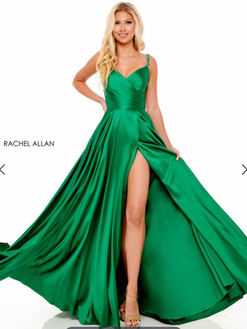 Rachel Allan Emerald Green Satin Evening Gown